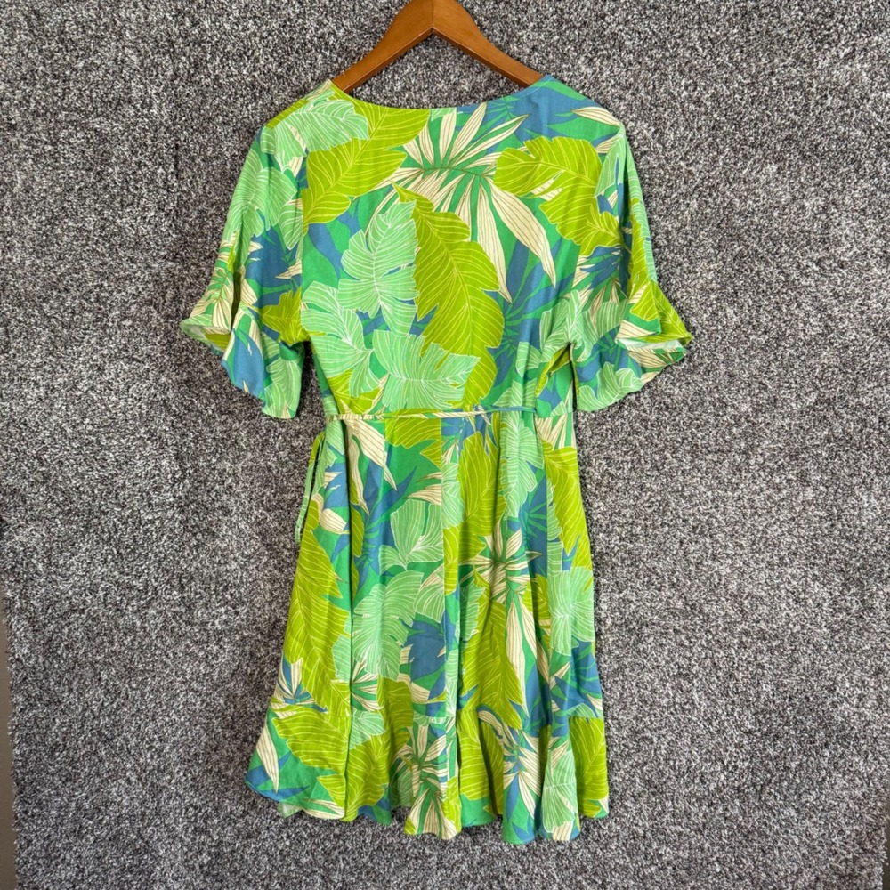 En Creme Tropical Palm Wrap Dress Green Blue Linen Large Mini Wedding Guest - Picture 8 of 12